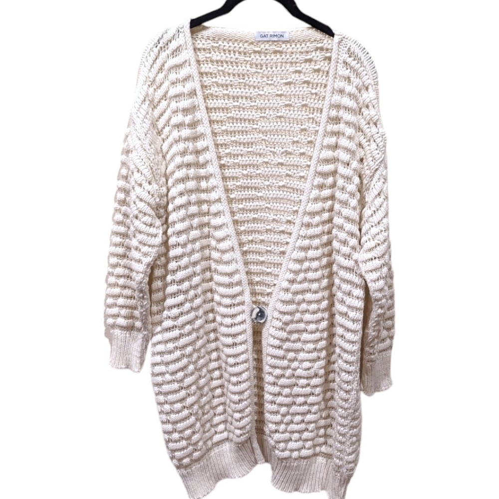 Gat Rimon Kelii Cream Open Knit Long Single Button Cardigan (Size 1 / US Med)